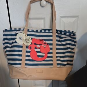 Spartina 449 Nautical Blue and Tan Tote with Red Mermaid